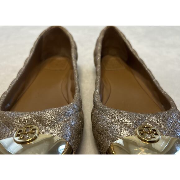 Tory Burch Women’s 9.5 M Kaitlin Quilted Metallic Ballet Flats Tan Silver Gold - Picture 2 of 7